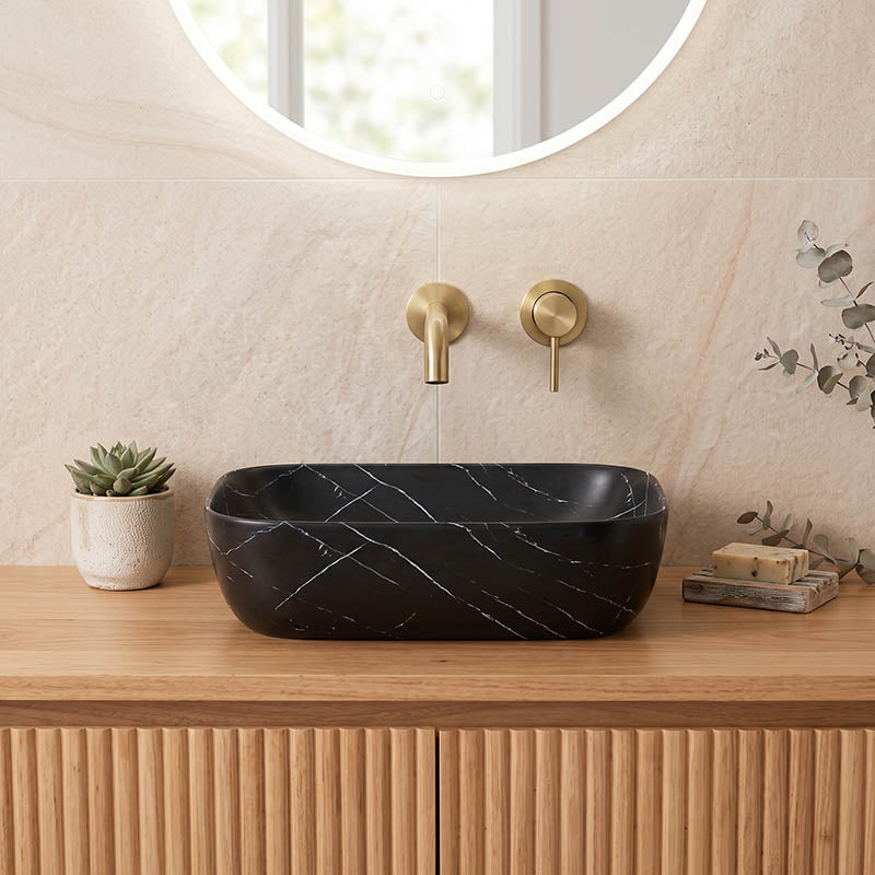 Bathroom Wash Basin Ceramic Rectangle Above Counter Marble Surface 460x320x135mm - Matt Black
