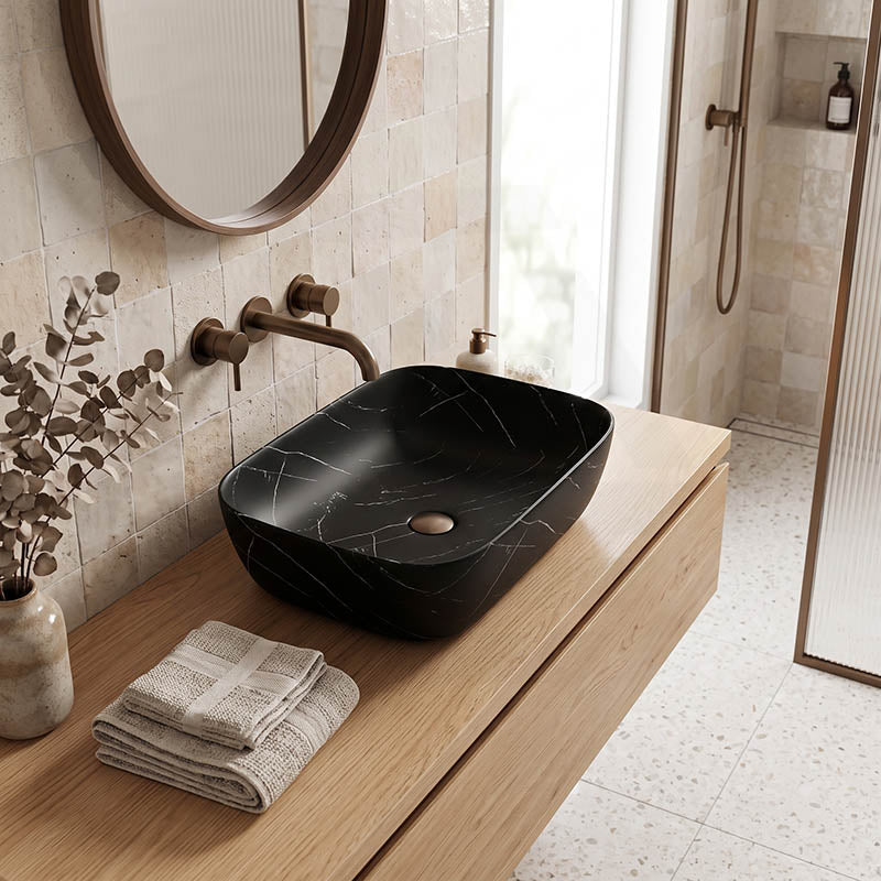 Bathroom Wash Basin Ceramic Rectangle Above Counter Marble Surface 460x320x135mm - Matt Black
