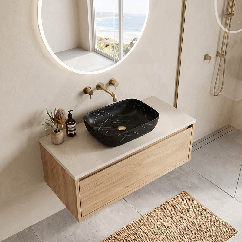 Bathroom Wash Basin Ceramic Rectangle Above Counter Marble Surface 460x320x135mm - Matt Black