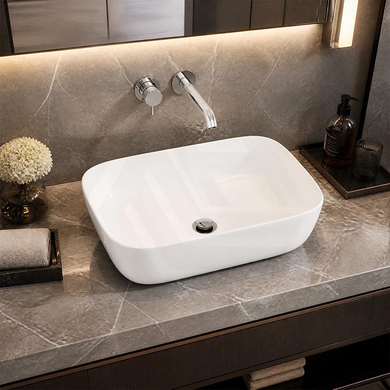 Ultra Slim Rectangle Ceramic Above Counter Basin 460x320x135mm - Matt White
