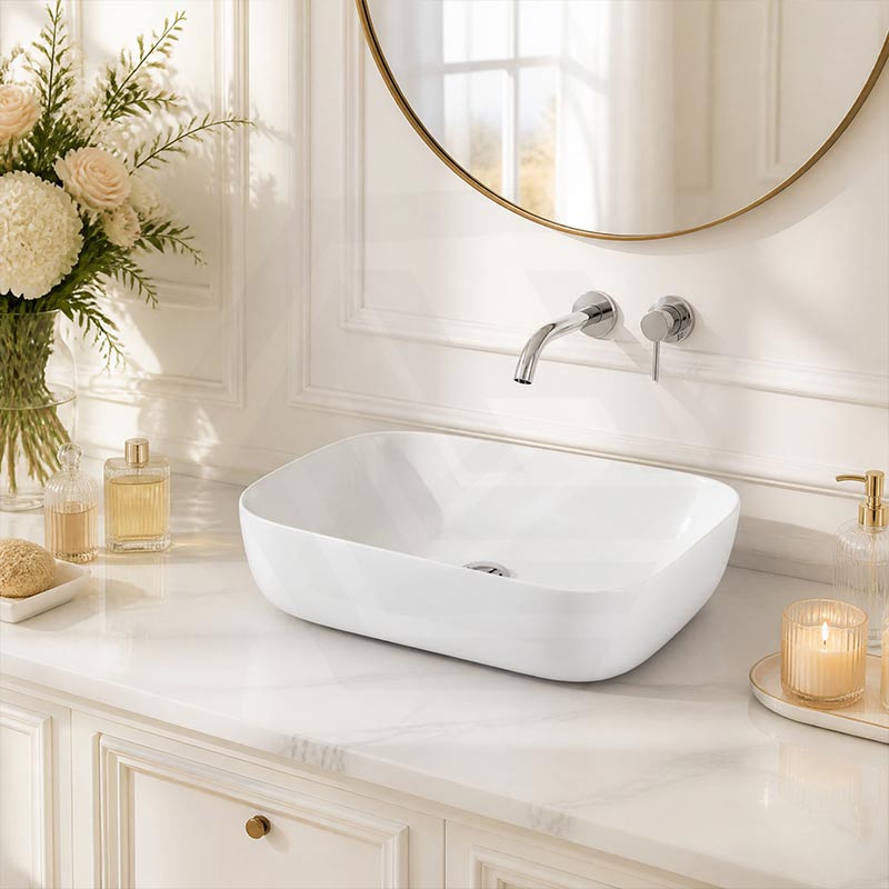 Ultra Slim Rectangle Ceramic Above Counter Basin 460x320x135mm - Matt White