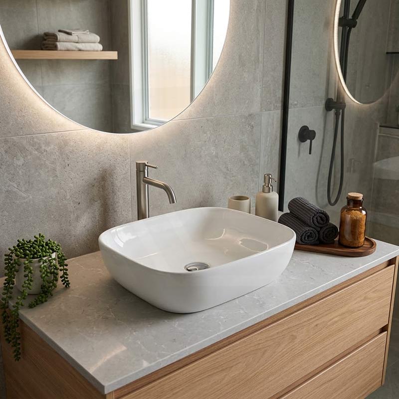 Rectangle Above Counter Ceramic Basin Ultra Slim 465x375x120mm - Gloss White