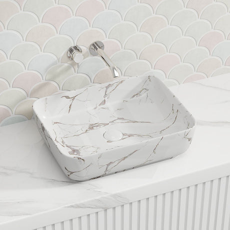 500X390X130Mm Rectangle Matt White Carrara With Gold Vein Above Counter Ceramic Basin Marble Basins