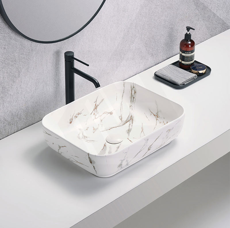 Rectangle Above Counter Ceramic Basin 515x400x135mm - Matte White Carrara with Gold Vein
