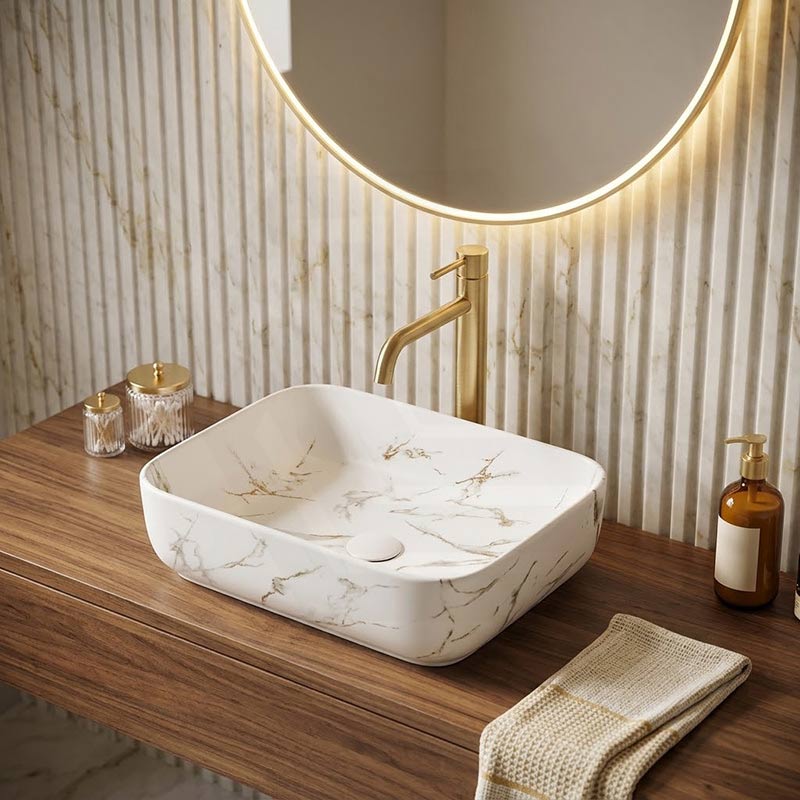 Rectangle Above Counter Ceramic Basin 515x400x135mm - Matte White Carrara with Gold Vein