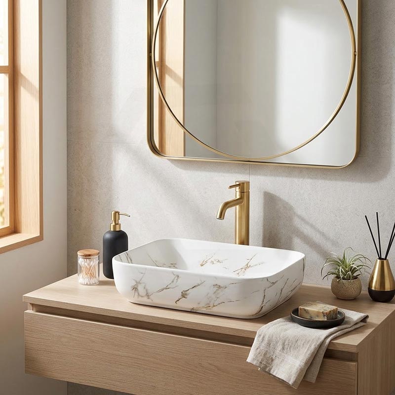 Rectangle Above Counter Ceramic Basin 515x400x135mm - Matte White Carrara with Gold Vein