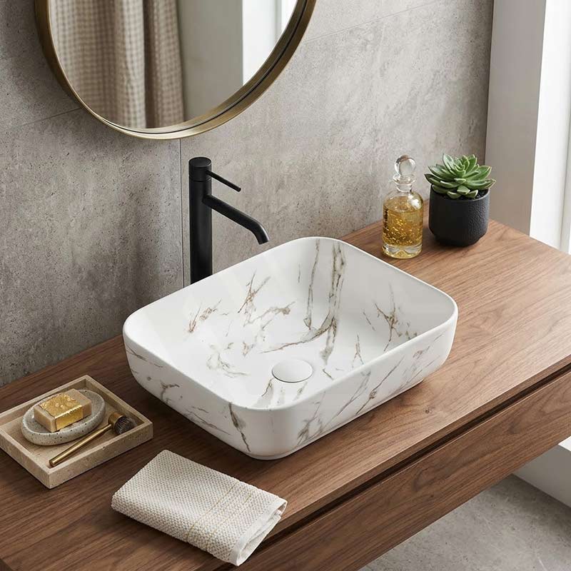 Rectangle Above Counter Ceramic Basin 515x400x135mm - Matte White Carrara with Gold Vein