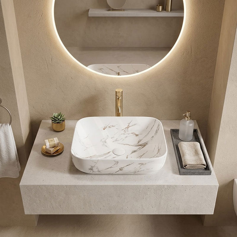 Rectangle Above Counter Ceramic Basin 515x400x135mm - Matte White Carrara with Gold Vein
