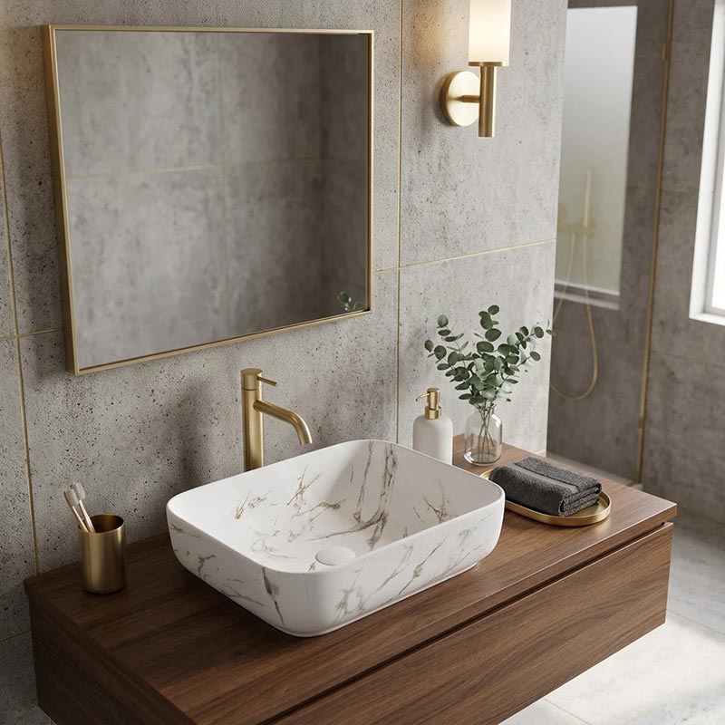 Rectangle Above Counter Ceramic Basin 515x400x135mm - Matte White Carrara with Gold Vein