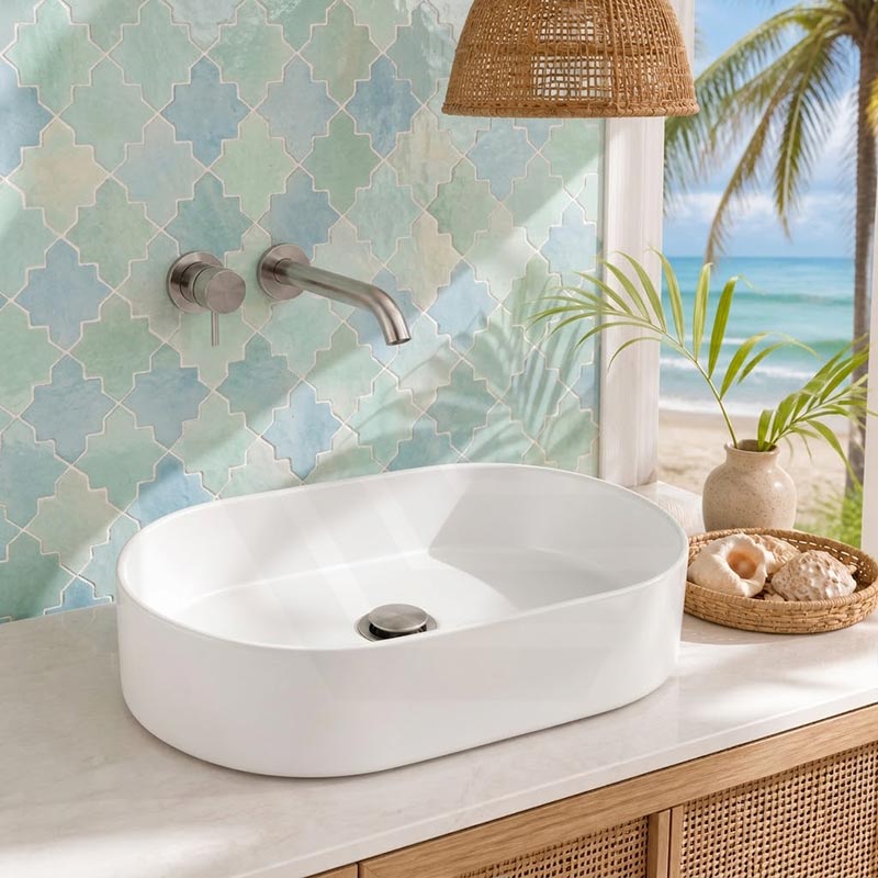 Oval Ultra Slim Ceramic Above Counter Wash Basin 525x300x115mm - Gloss White