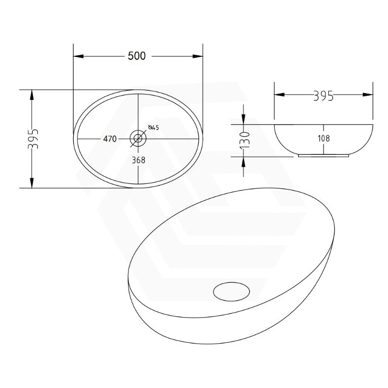 Poseidon Oval Ceramic Above Counter Basin NO Overflow 500x395x130mm - Matt Black