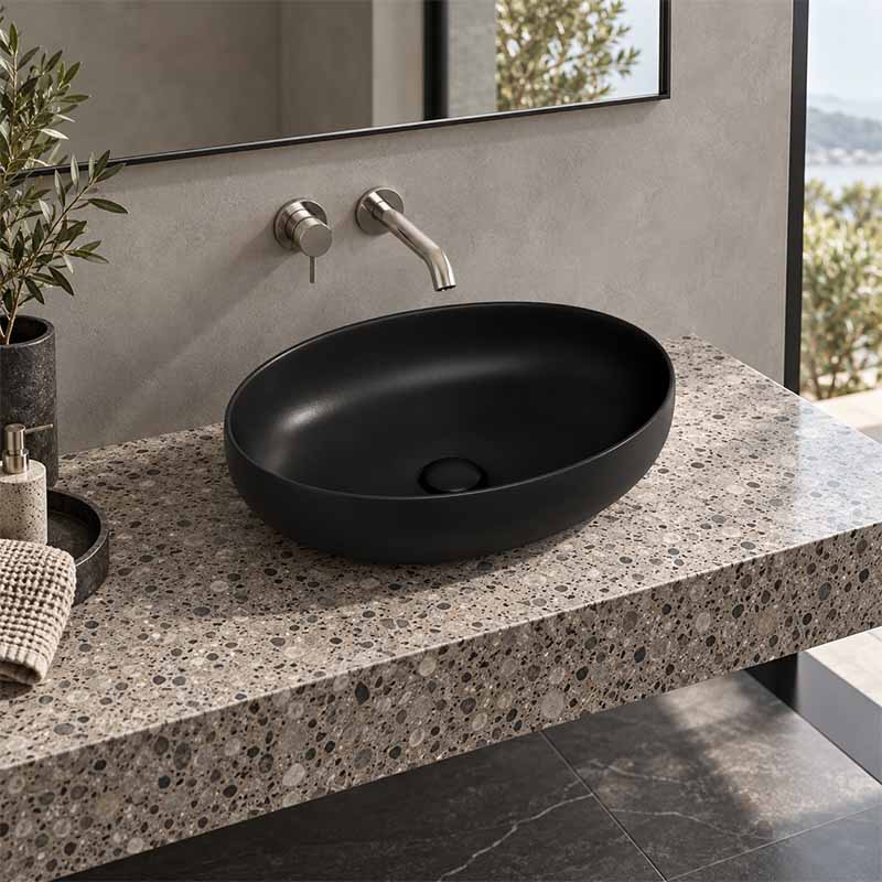 Poseidon Oval Ceramic Above Counter Basin NO Overflow 500x395x130mm - Matt Black