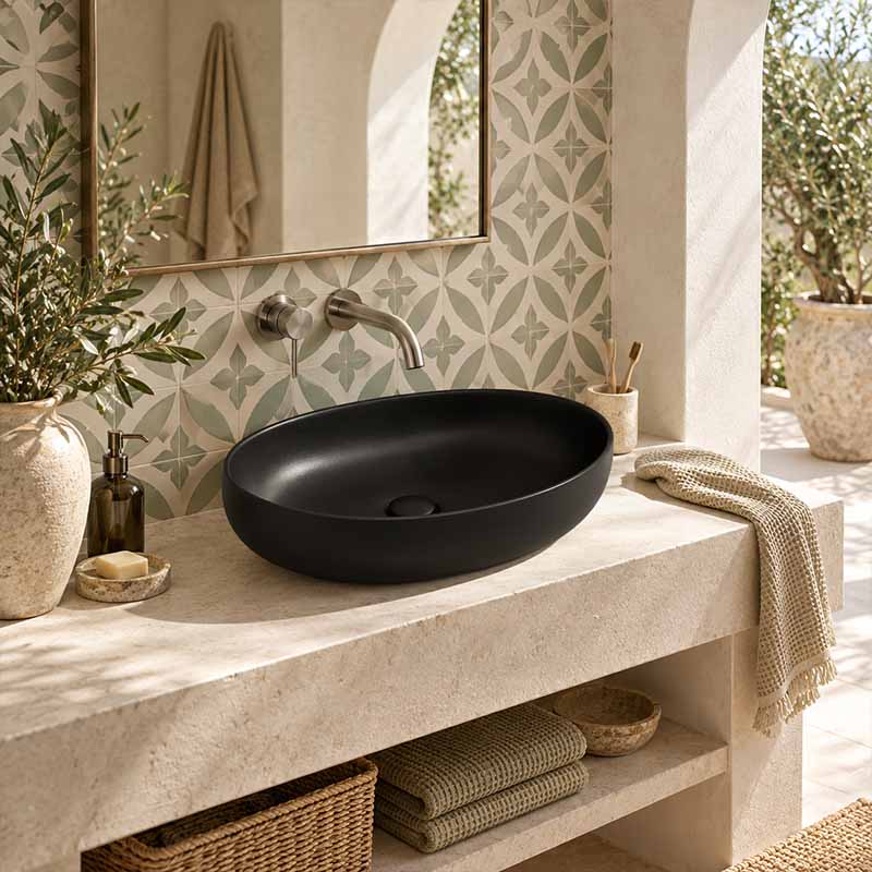 Poseidon Oval Ceramic Above Counter Basin NO Overflow 500x395x130mm - Matt Black