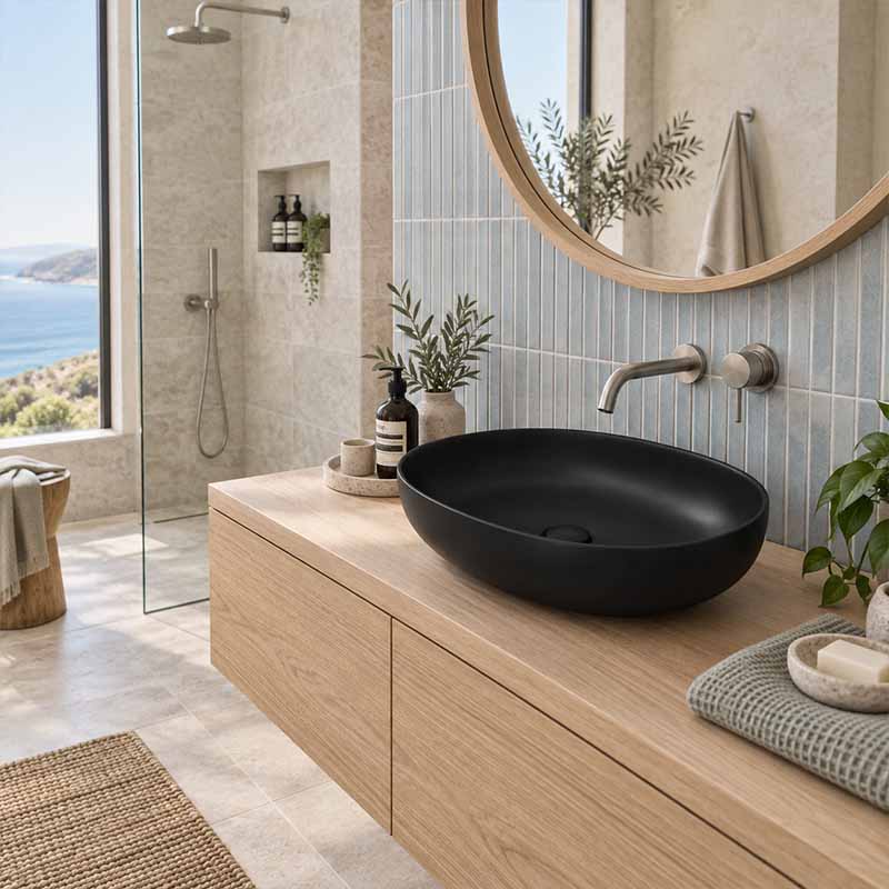 Poseidon Oval Ceramic Above Counter Basin NO Overflow 500x395x130mm - Matt Black