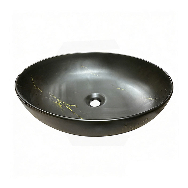 520X395X130Mm Bathroom Wash Basin Oval Above Counter Matt Black Marble Surface Ceramic Basins
