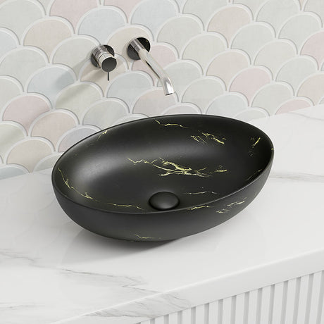 520X395X130Mm Bathroom Wash Basin Oval Above Counter Matt Black Marble Surface Ceramic Basins