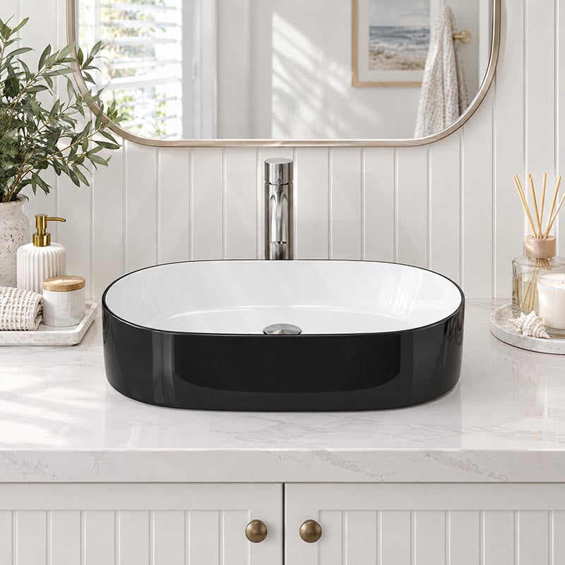 Oval Above Counter Ceramic Basin 550x350x140mm - Gloss Black & White