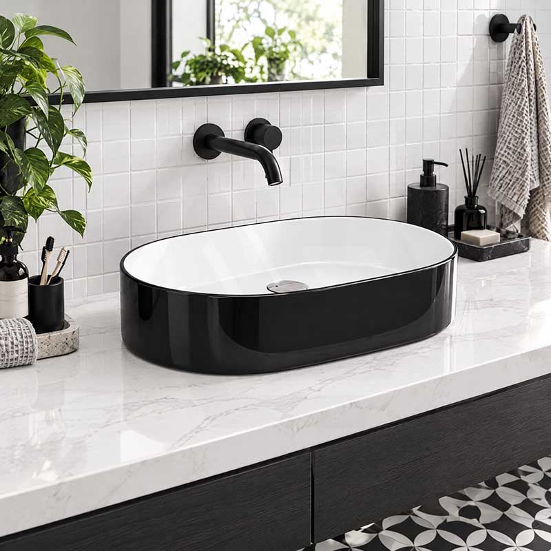 Oval Above Counter Ceramic Basin 550x350x140mm - Gloss Black & White