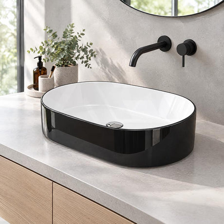 Oval Above Counter Ceramic Basin 550x350x140mm - Gloss Black & White