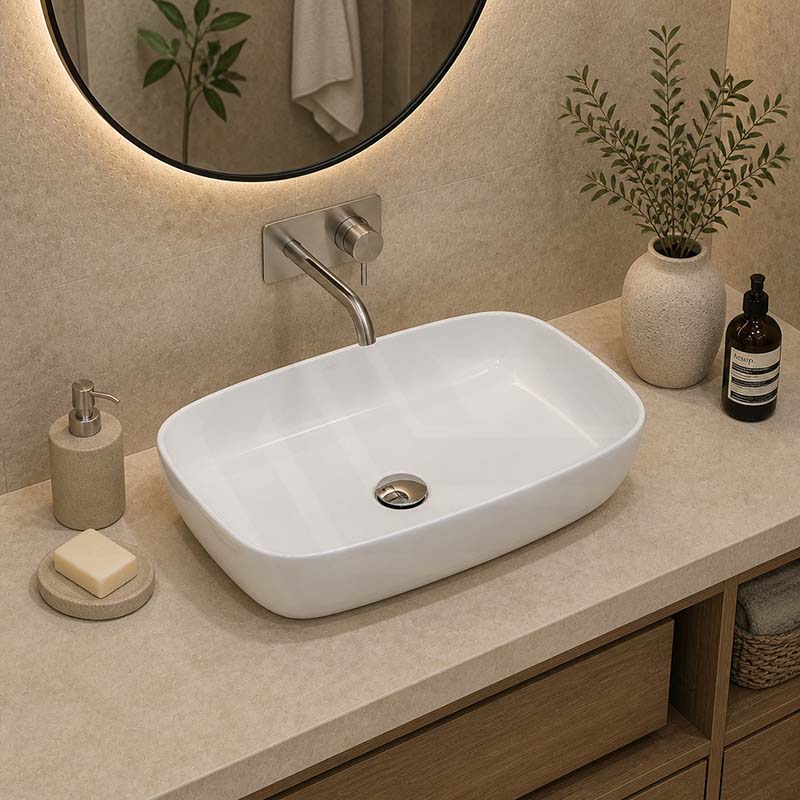 Ultra Slim Rectangle Above Counter Ceramic Basin 600x380x138mm - Gloss White