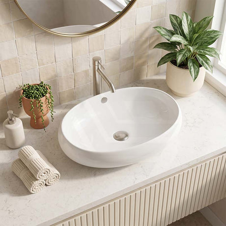 Bathroom Oval Above Counter Ceramic Top Basin 600x400x150mm - Gloss White