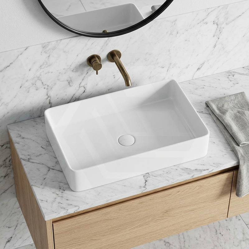 Ultra Slim Rectangle Above Counter Ceramic Wash Basin 605x405x115mm - Gloss White