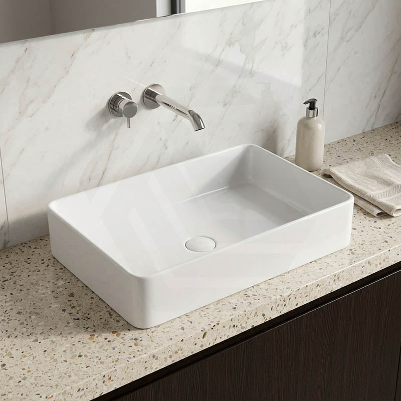 Ultra Slim Rectangle Above Counter Ceramic Wash Basin 605x405x115mm - Gloss White
