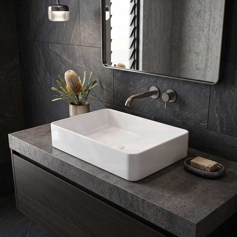 Ultra Slim Rectangle Above Counter Ceramic Wash Basin 605x405x115mm - Gloss White