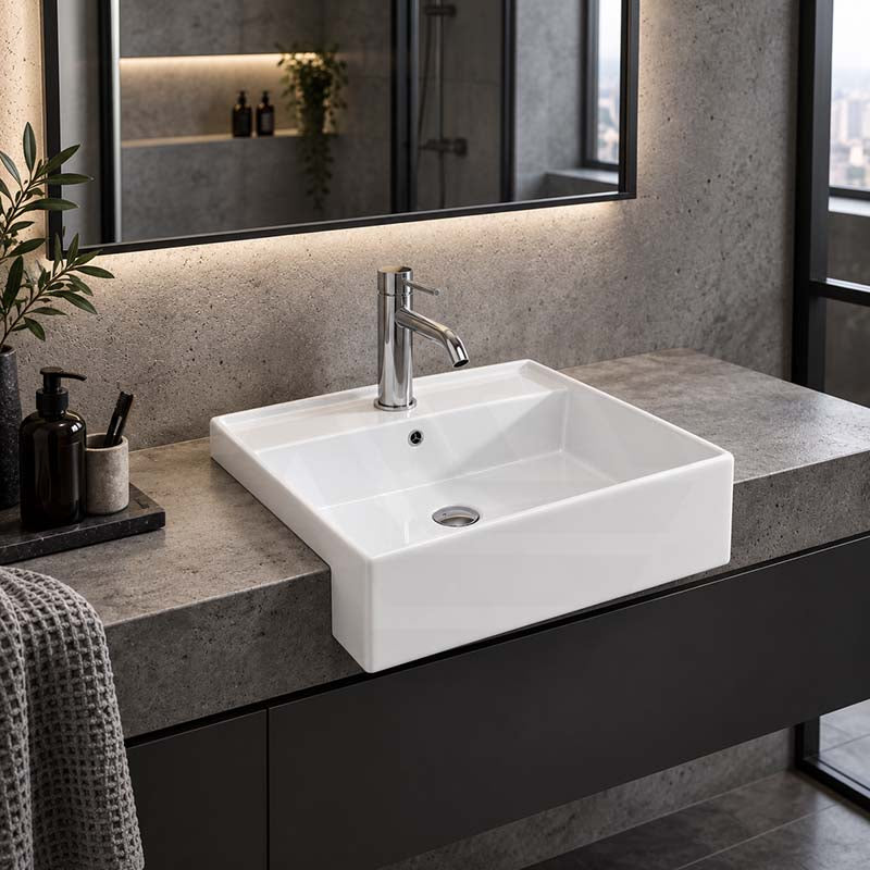 Semi Recessed Ceramic Basin with Overflow & One Tap Hole Square 410x410x140mm - Gloss White