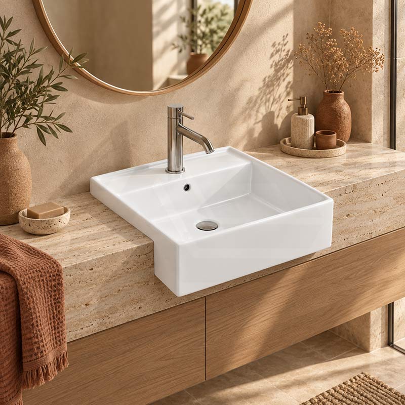 Semi Recessed Ceramic Basin with Overflow & One Tap Hole Square 410x410x140mm - Gloss White