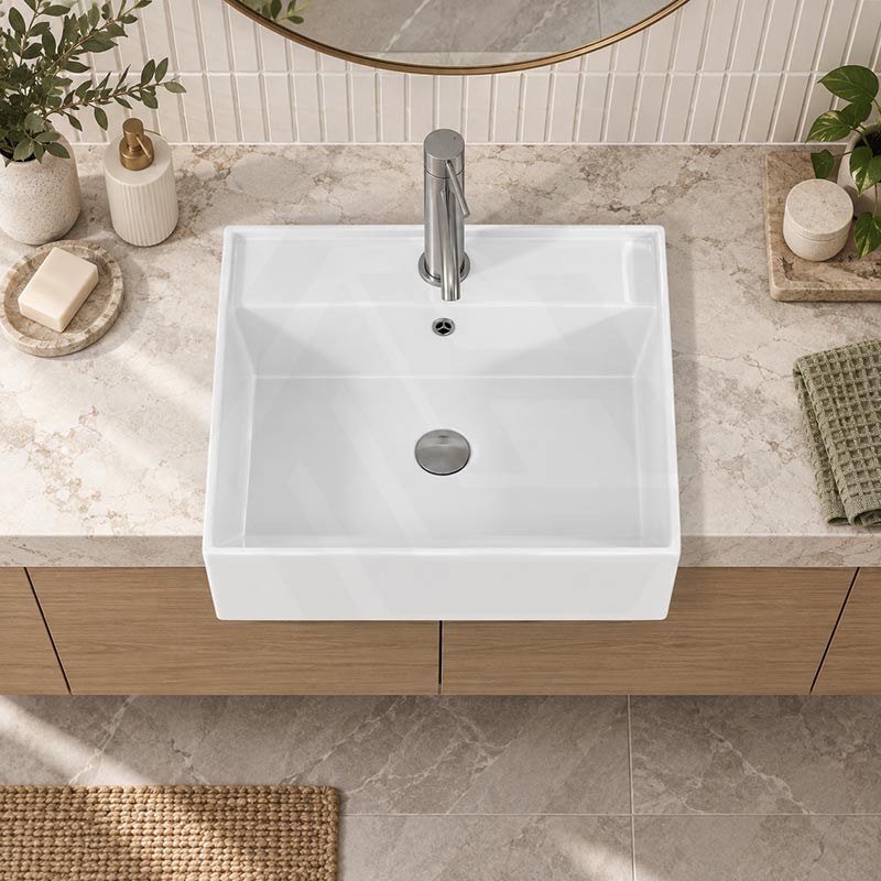 Semi Recessed Ceramic Basin with Overflow & One Tap Hole Square 410x410x140mm - Gloss White
