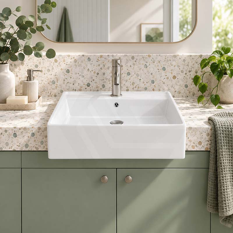 Semi Recessed Ceramic Basin with Overflow & One Tap Hole Square 410x410x140mm - Gloss White