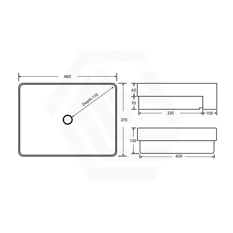 480x370x130mm Rectangle Gloss White Semi Recessed Ceramic Basin with One/NO Tap Hole Available