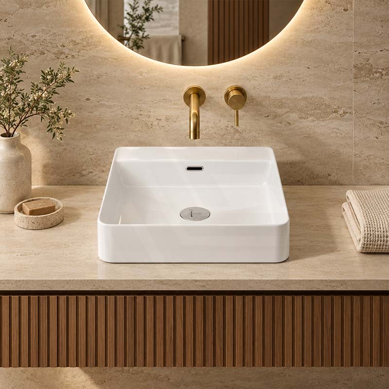 Poseidon Square Ceramic Above Counter/Wall Hung Basin Ultra Slim 420x420x120mm - Gloss White