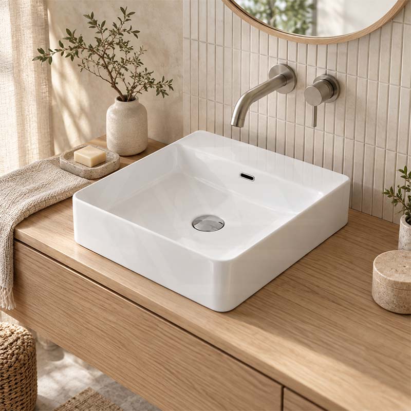 Poseidon Square Ceramic Above Counter/Wall Hung Basin Ultra Slim 420x420x120mm - Gloss White