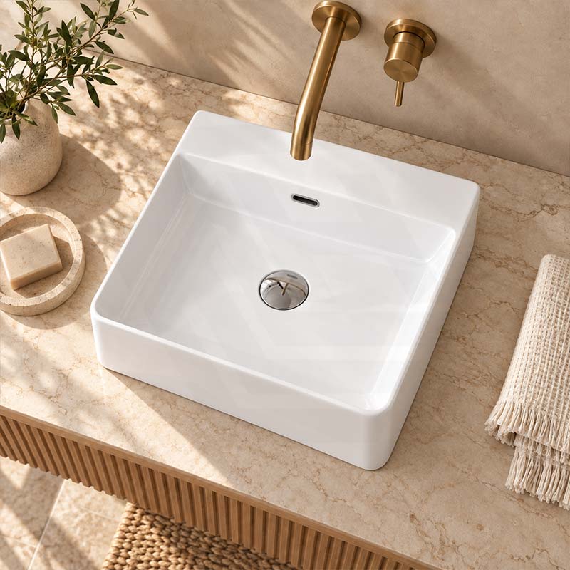 Poseidon Square Ceramic Above Counter/Wall Hung Basin Ultra Slim 420x420x120mm - Gloss White