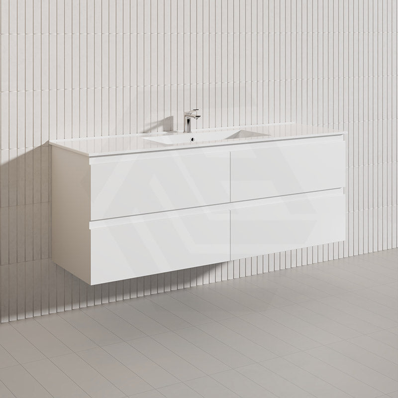 1500mm Bathroom Wall Hung Vanity Polyurethane PVC Floor Cabinet ONLY & Ceramic Top Available - Gloss White