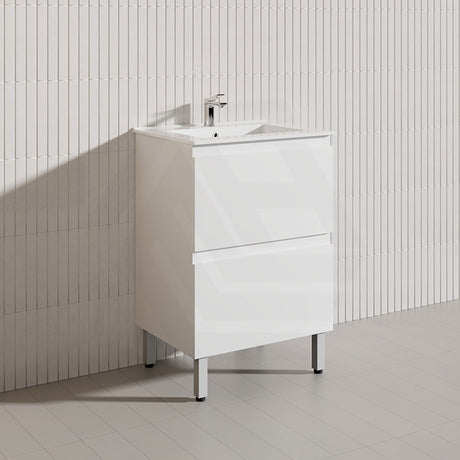 600mm Bathroom Freestanding Vanity with Legs / Kickboard Gloss White Polyurethane PVC Cabinet ONLY & Ceramic Top Available