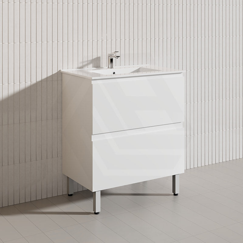 750mm Bathroom Freestanding Vanity with Legs / Kickboard Gloss White Polyurethane PVC Cabinet ONLY & Ceramic Top Available