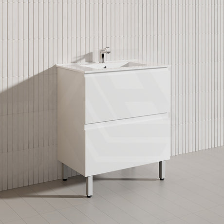 750mm Bathroom Freestanding Vanity with Legs / Kickboard Gloss White Polyurethane PVC Cabinet ONLY & Ceramic Top Available