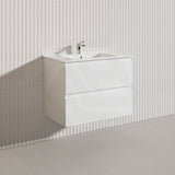 750mm Bathroom Wall Hung Vanity Polyurethane PVC Floor Cabinet ONLY & Ceramic Top Available - Gloss White