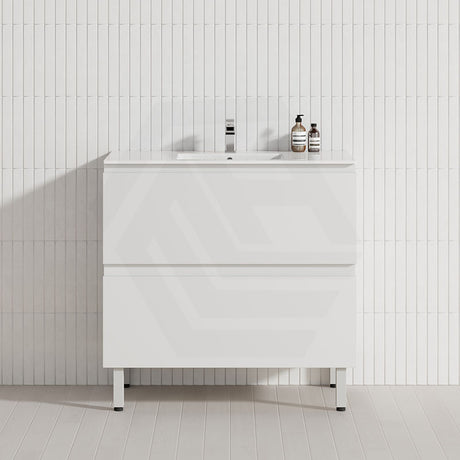 600-1500mm Bathroom Freestanding Vanity with Legs Gloss White Polyurethane PVC Cabinet ONLY & Ceramic Top Available