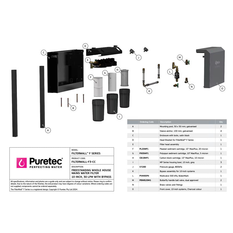 Puretec FilterWall Freestanding 3 Stage Whole House Filtration System 30 L/min With ScaleProtect™ & Plumbed Bypass Available In 4 Colors Filter Cover