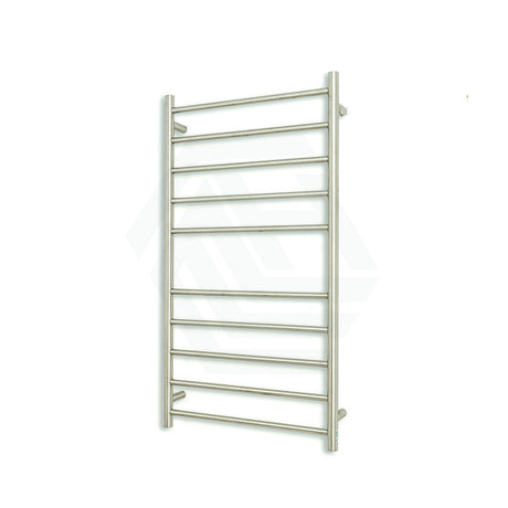 Radiant Brushed Satin Heated Round Ladder Towel Rail 600 X 1100Mm 10 Bars Bottom Left Rails