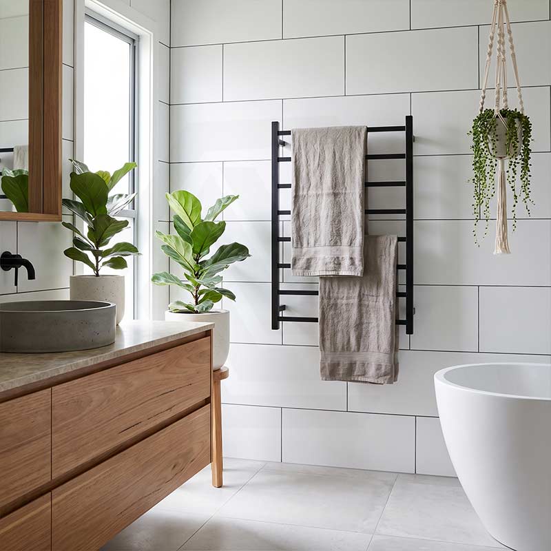 Radiant Heated Square Ladder Towel Rail 8 Bar 800x1000mm - Chrome/Matte Black