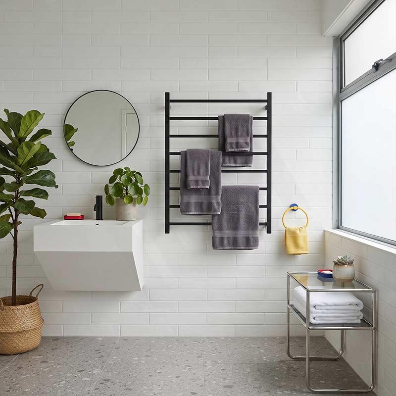 Radiant Heated Square Ladder Towel Rail 8 Bar 800x1000mm - Chrome/Matte Black