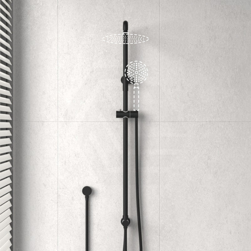 Round Black Universal Water Inlet Twin Shower Rail With Diverter Rails