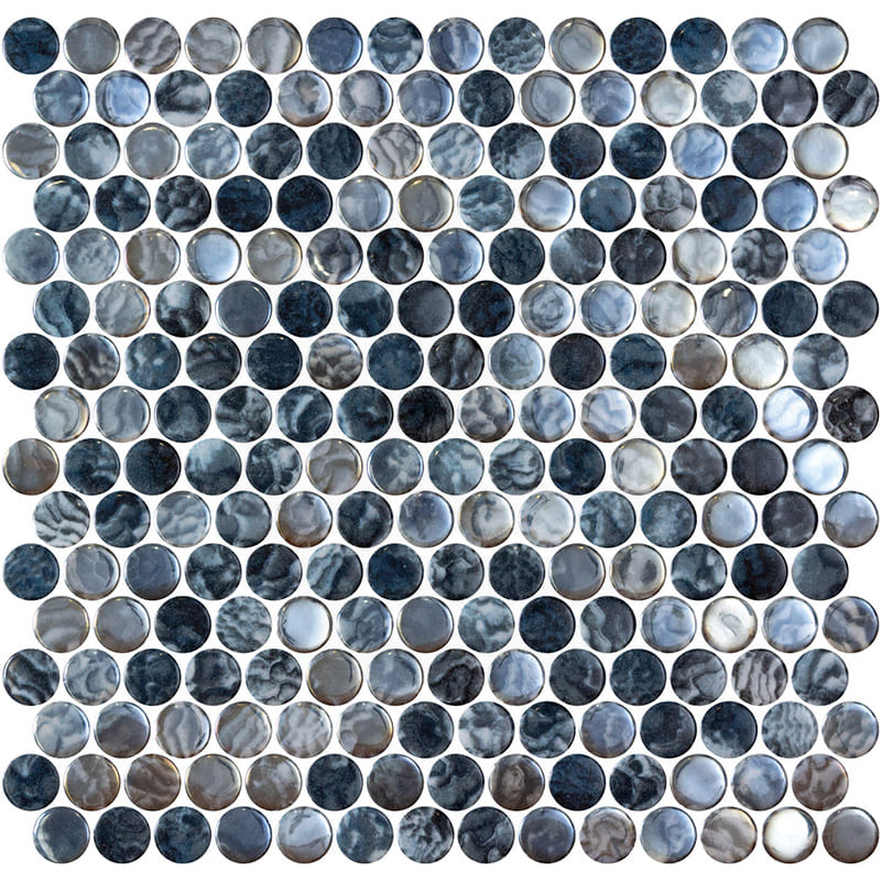 Onix Penny Arrecife Iridis Grey Gloss Glass Mosaic Tile 287x284mm Sheet (19x19mm Chip Size)
