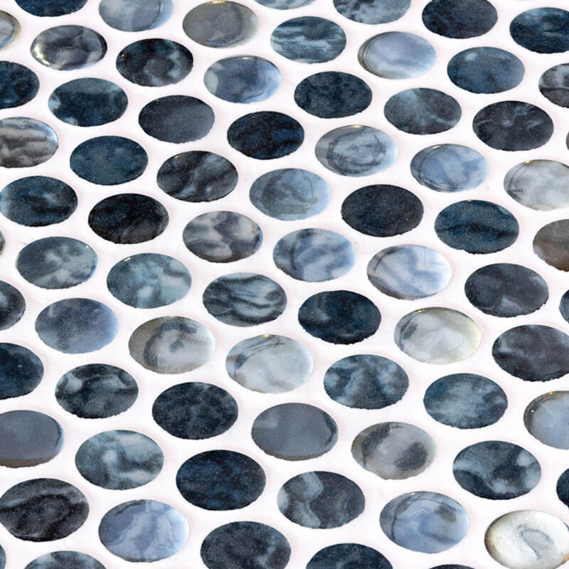 Onix Penny Arrecife Iridis Grey Gloss Glass Mosaic Tile 287x284mm Sheet (19x19mm Chip Size)