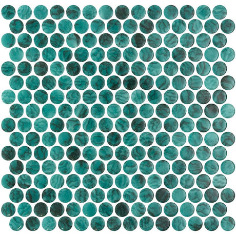 Onix Penny Arrecife Emerald Gloss Glass Mosaic Tile 287x284mm Sheet (19x19mm Chip Size)